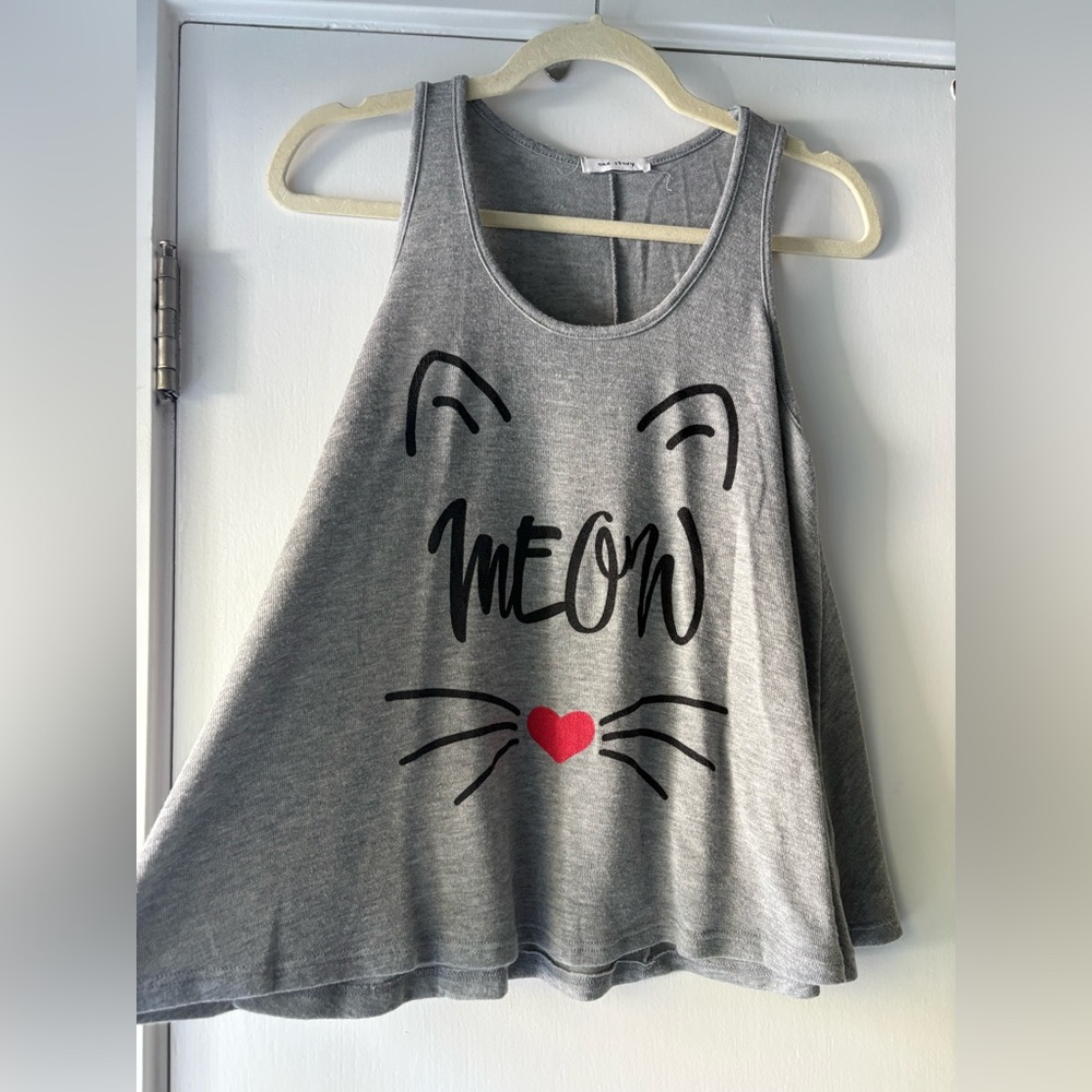 Gray Cat Tank Top with Meow Design